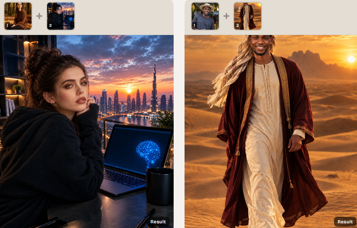 Two side-by-side photos connected by an arrow, demonstrating an AI face swap from a source portrait to a target scene.