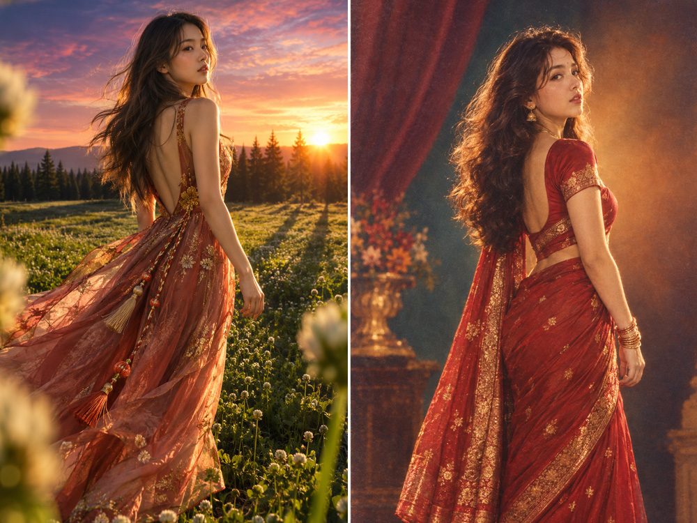 How to make the 80s trend photo: a side-by-side of a modern portrait and its 1980s AI-rendered version with vintage fashion, big hair, and retro color grading.