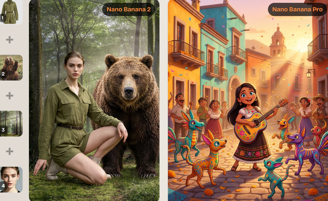 Side-by-side comparison: the same prompt rendered once with Nano Banana Pro (left, premium realism) and once with Nano Banana 2.1 (right, sharper details, faster, cheaper).